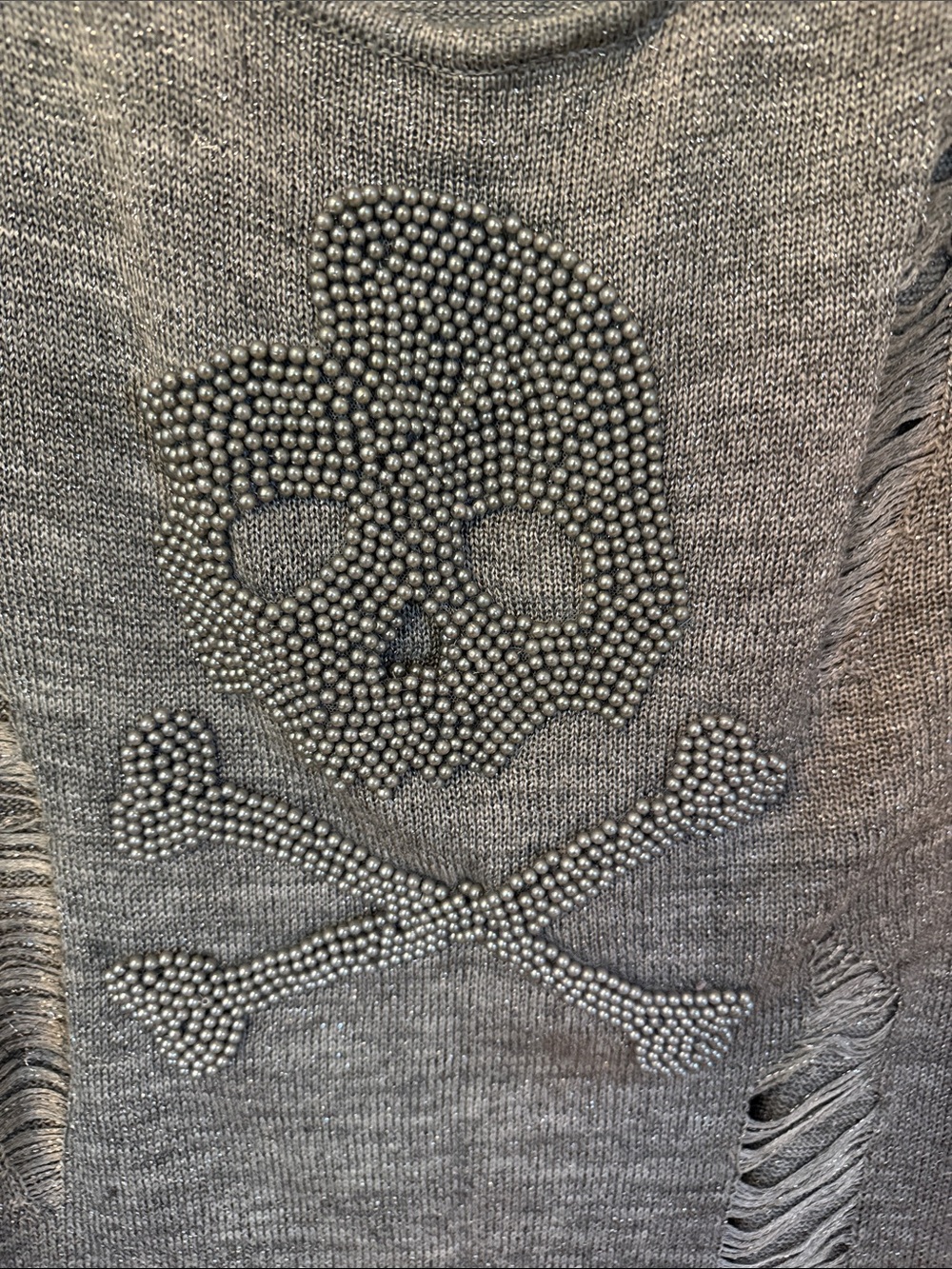 Chelsea & Violet Gray Studded Skull Scoop Neck Sweater Sz L